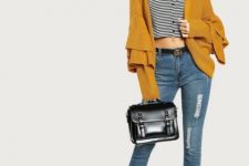 With striped crop shirt, cropped jeans, black leather bag and black ankle boots