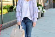 With white loose t-shirt, beige leather bag and beige ankle strap high heels