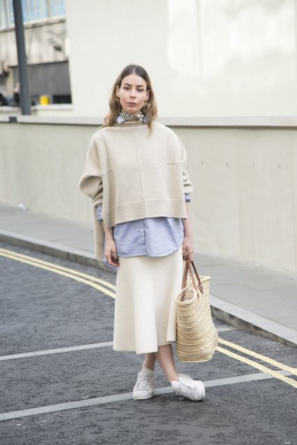 With white midi skirt, scarf, tote bag and white sneakers