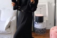 a black midi dress with a black belt, a black scarf and cool lacquer chunky boots for a lovely fall look