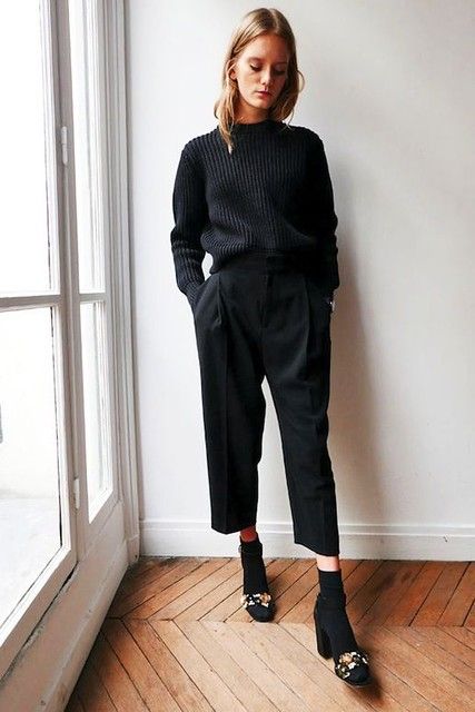 a black ribbed jumper, cropped trousers, black sock boots with embellishments for an accent will do for work