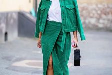 a creative and bright fall look with an emerald corduroy suit – a jacket plus a wrap skirt, a white t-shirt and neutral mule splus a black bag