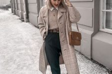 a white shirt, a tan sweater, black trousers, a brown belt, booties, a bag and a greige plaid midi coat for work
