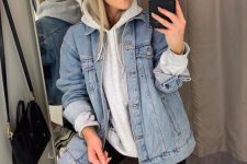 a fall look with an oversized denim jacket