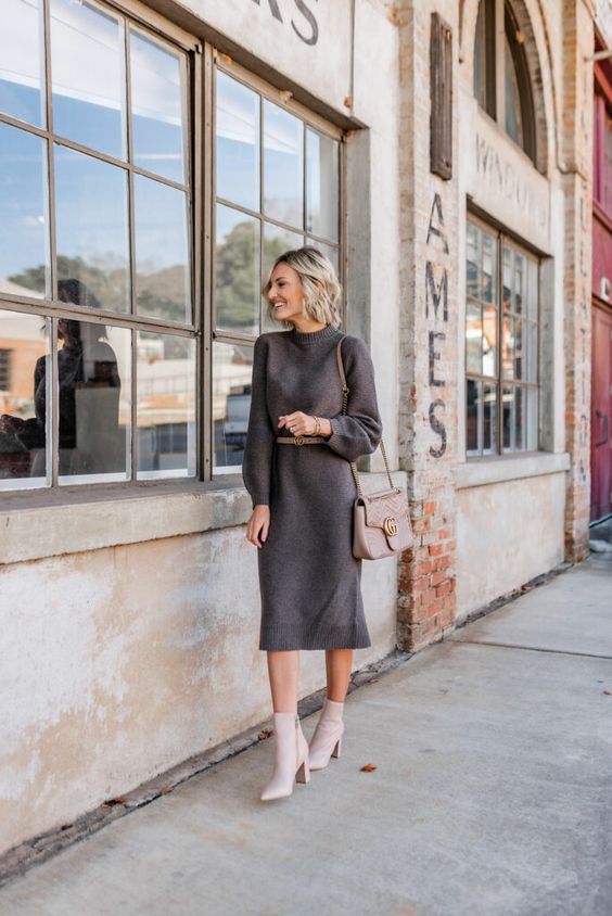 a classy winter look with a grey midi sweaterdress, neutral boots, a grey bag and a grey belt