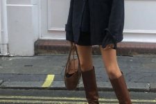 22 a mini black sweater dress, a black shirt jacket, brown knee boots and a matching bag for a fall to winter look