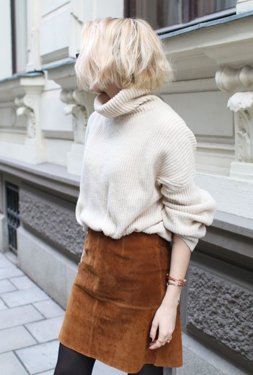 a lovely winter look with a creamy chunky oversized sweater, a brown suede mini and black tights