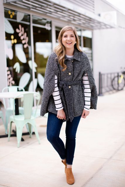 With black and white striped shirt, navy blue skinny cropped jeans and brown suede ankle boots