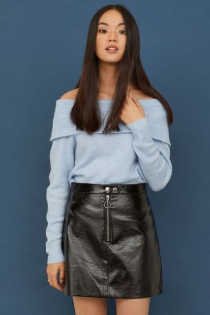 With black leather mini skirt