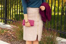 With blue shirt, marsala cardigan, pink clutch and platform shoes