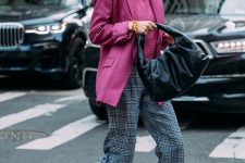 With checked culottes, black leather bag and red heeled mules