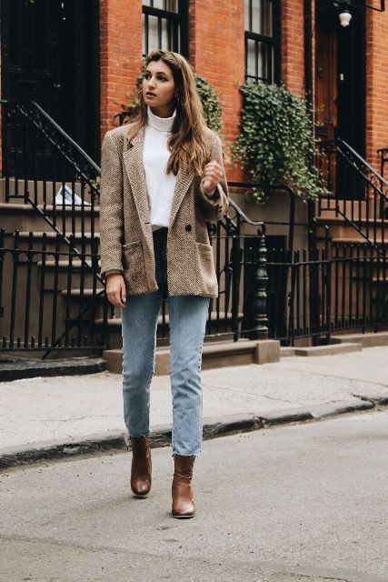 With cropped jeans and brown leather mid calf boots