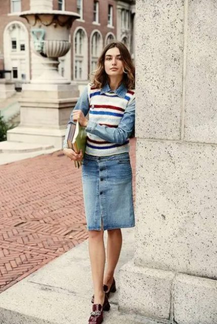 With denim shirt, denim button front knee length skirt and embellished shoes