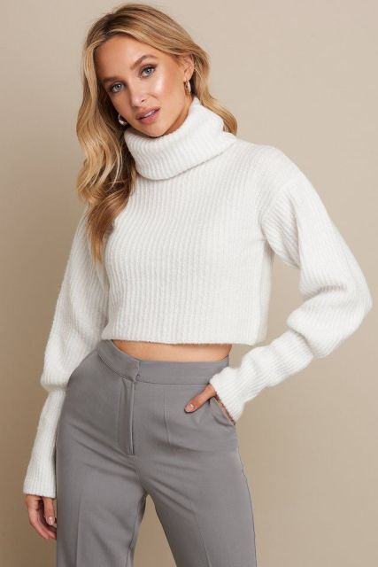 With gray high-waisted flare trousers