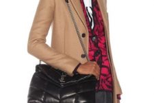 With labeled t-shirt, printed cardigan, gray denim mini skirt and beige coat