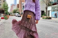 With lilac loose sweater, printed tiered midi skirt and beige mini bag