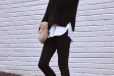 With oversized sunglasses, white loose shirt, pale pink clutch, black skinny pants and black leather low heeled shoes