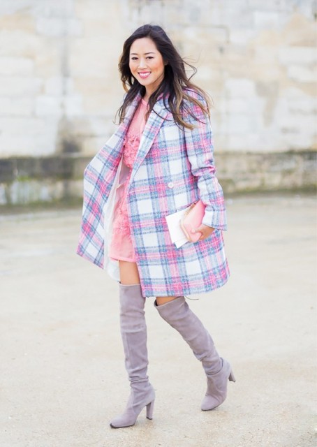 With pale pink mini dress, pink, light blue and white checked coat and pale pink clutch