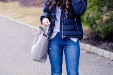 With shirt, distressed jeans, beige ankle boots, printed tote bag and beige pom pom hat