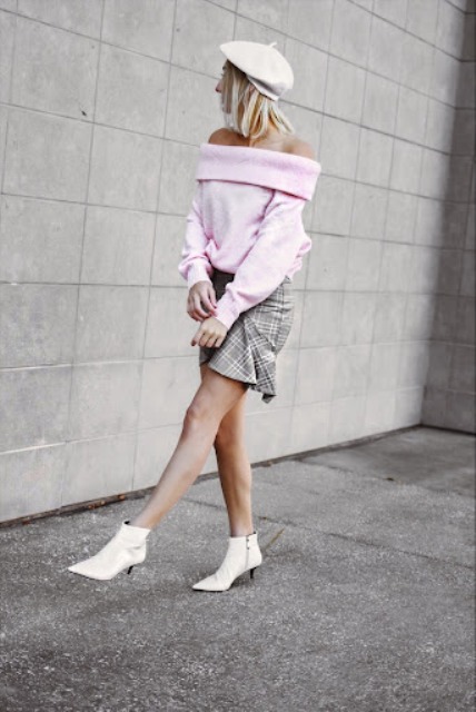 With white beret, checked ruffled mini skirt and white low heeled boots