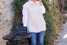 With white button down shirt, black bag, cropped jeans and white flat shoes