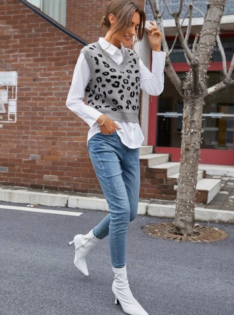 With white shirt, skinny jeans and white low heeled boots