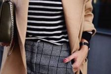 11 a cozy outfit with a striped long sleeve t-shirt, a grey tweed mini, a tan coat and a green bag on chain
