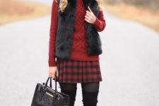 With black hat, plaid mini skirt, leather bag and black over the knee boots
