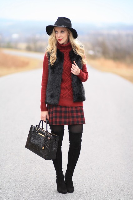 With black hat, plaid mini skirt, leather bag and black over the knee boots
