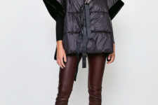 With black shirt, marsala leather skinny pants and brown leather ankle boots