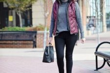 With black skinny pants, black leather tote bag and black leather ankle boots