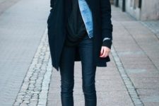With black t-shirt, cuffed jeans and heeled mules