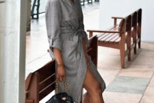 With gray belted midi dress, black leather chain strap bag and black and golden ankle boots