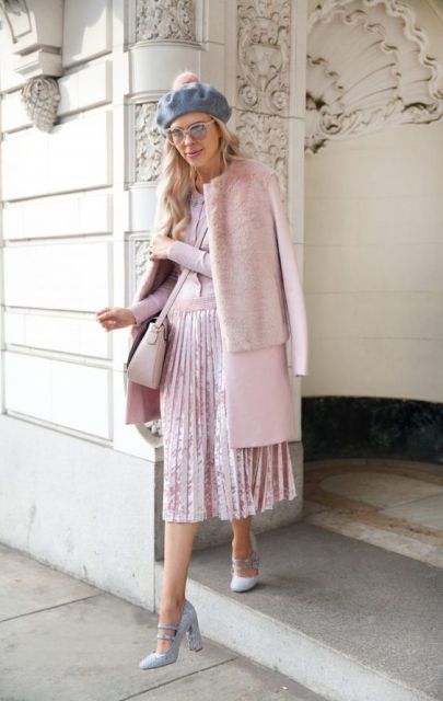 With pale pink shirt, pleated midi skirt, pale pink coat, crossbody bag and silver high heels