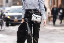 With printed lace shirt, silver crossbody bag, navy blue velvet ankle strap shoes, faux fur jacket and sunglasses