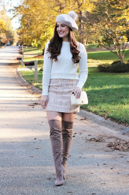 With white sweater, tweed mini skirt, chain strap bag and suede over the knee boots