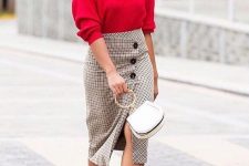 a beautiful deep red jumper, a grey plaid midi skirt on buttons, black pumps and a white bag on a ring handle for the holidays