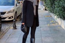 a black turtleneck, leggings, oversized blazer, boots, a bag and a grey sweater for a chic and stylish winter look