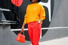 a bold outfit with a colorful sweater