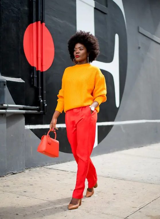 a bold outfit with a colorful sweater