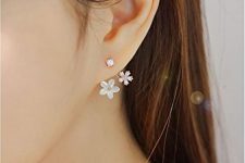 a fantastic and delicate earring that includes a little rhinestone and two mismatching flowers will make your outfit more delicate and girlish