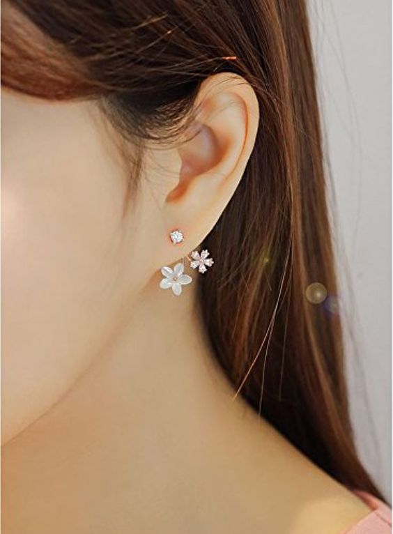 a fantastic and delicate earring that includes a little rhinestone and two mismatching flowers will make your outfit more delicate and girlish
