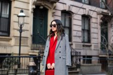 a hot red pantsuit, matching shoes and a box bag, a grey plaid midi coat for a super bold and elegant look