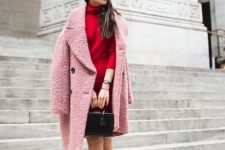 a lovely red sweater dress, matching boots, a pink faux fur coat and a black box bag look super chic and cool yet work-appropriate