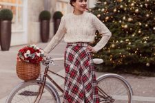 a retro outfit wiht a white patterned jumper, a white and red plaid midi skirt, red ankle strap shoes for Christmas