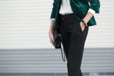 a simple and chic outfit with a white shirt, a green velvet blazer, black plaid trousers, black velvet shoes and a black bag