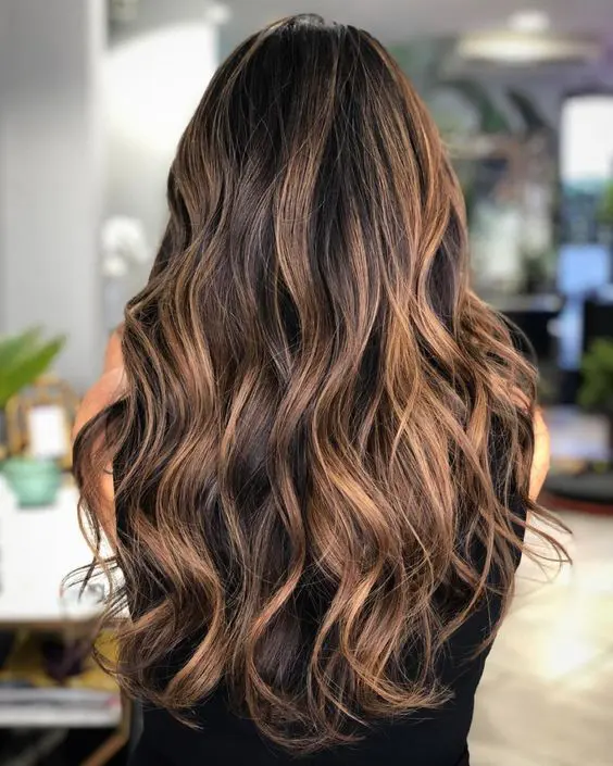 long dark hair with beautiful caramel highlights are a gorgeous idea that will catch all the eyes and will strike with its beauty