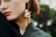statement yet delicate copper and blush floral earrings will accent your monochromatic look or will contrast your moody outfit