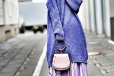 07 a purple midi sweater dress with long sleeves paired with a lilac pleated midi for a catchier look, a blush bag and silver shoes
