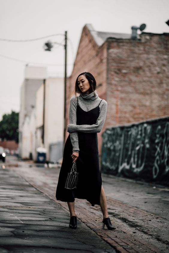 a chic winter work look with a grey turtleneck, a black slip midi dress, black heels and a cool bag is amazing